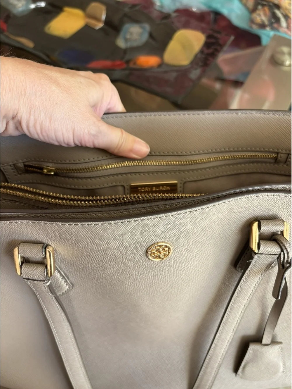 Tory Burch Slate Gray Saffiano Leather Large Tote Shoulder Bag - As Is